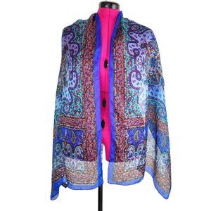 India Arts Silk Scarf Shawl Wrap Boho Blue Multicolor Paisley Print
